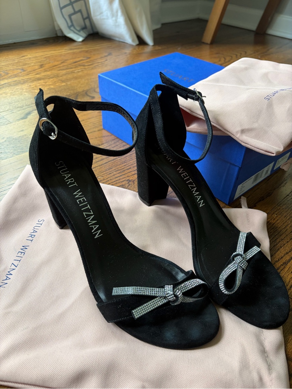 Stuart Weitzman Black Suede Ankle-Strap Block Heels with Crystal Bow Accent